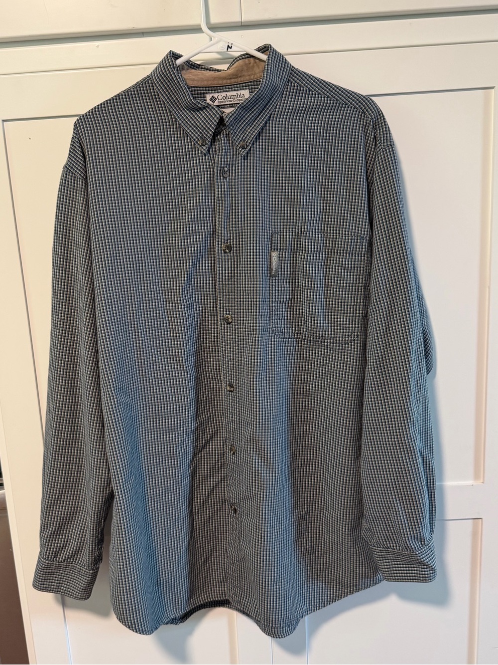 Vintage Columbia Men's Blue and Gray Micro-Check Button-Down Shirt